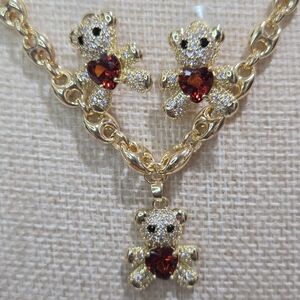 Gold Teddy Bear Jewelry Set with Ruby Accents